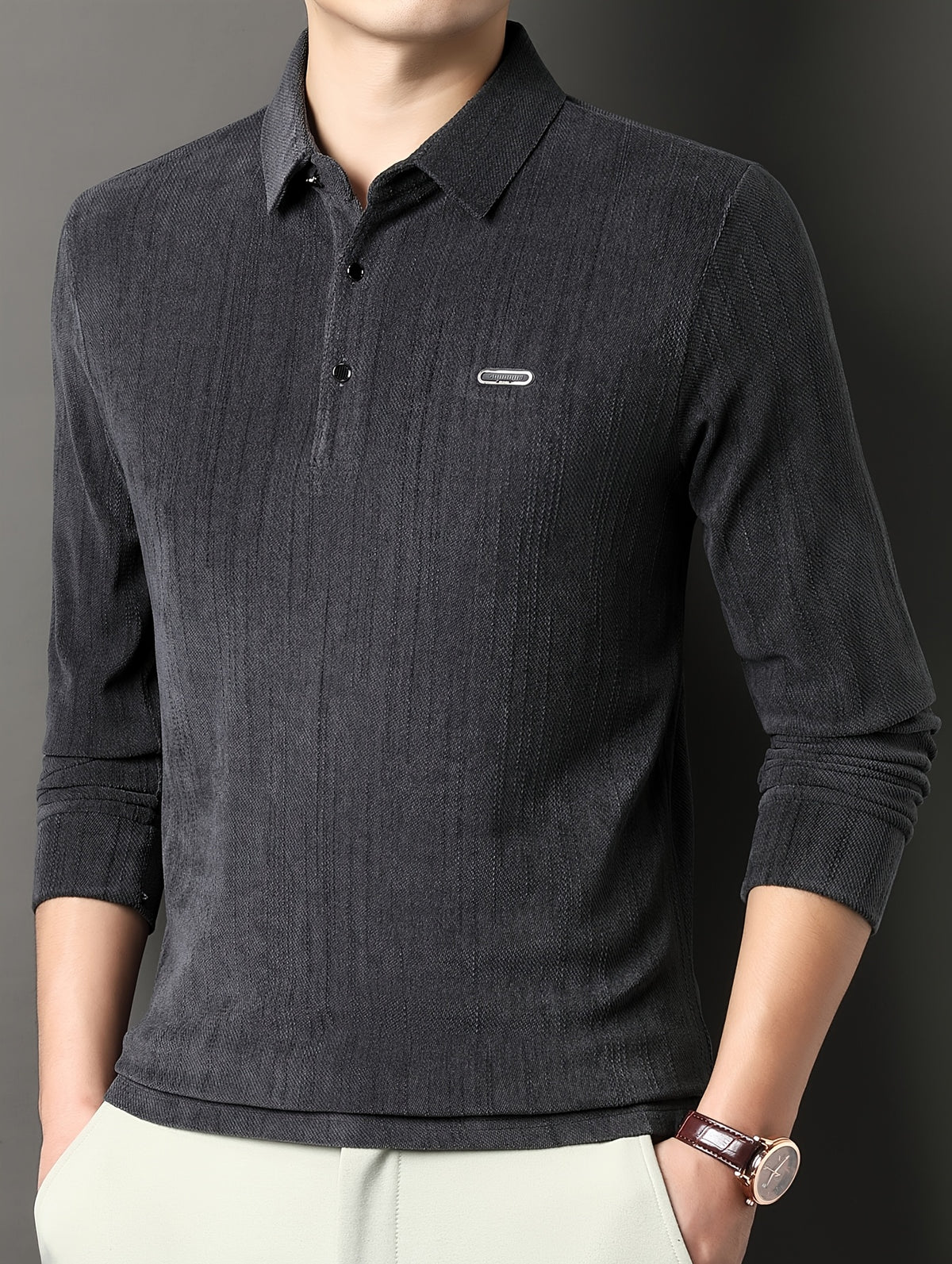 Men's Spring/Autumn Lightweight Knitted Long-Sleeve Polo Shirt with Vertical Stripe Texture, Lapel Collar, Three-Button Placket, Business Casual Versatile Base Layer Top for Middle-Aged Men - Grey