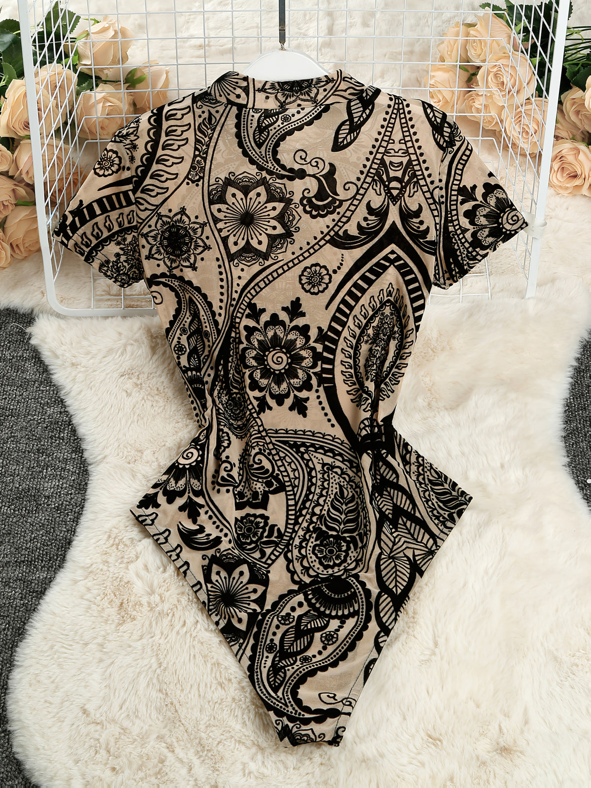 Young Y2K Sheer Floral Print Crew Neck Short Sleeve Rompe - Khaki