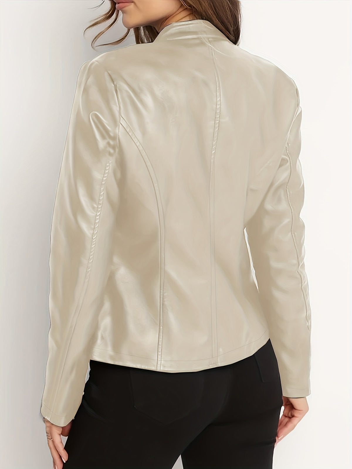 Women's Elegant PU Jacket - 2025 New Style Women's Jacket Outerwear - Full Zip Long Sleeve Motorcycle Biker Jacket for Women, Spring, Autumn, Winter Outerwear, Suitable for Casual and Formal Wear, Durable, Structured Fit, Stand Collar - Apricot