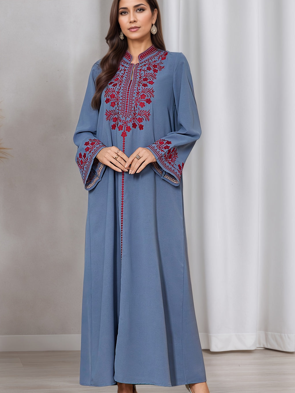 2026 New European, American, Muslim, Middle Eastern Fashionable And Elegant Gold Plated Lace Lace Long Sleeve Robe Dress - Royal Blue