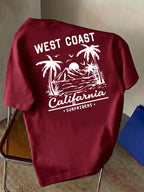 Men'S Casual T-Shirt, Fashionable Round Neck Short Sleeve, WEST COAST California Beach Surfing Pattern, All-Season Versatile, Durable Print Machine Washable Non-Fading, Commute, Streetwear, Campus, Couple Wear - Burgundy