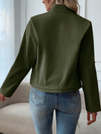 Women'S Lightweight Stand-Collar Jacket – Fashionable Zippered Bomber with Decorative Front Pockets And Adjustable Drawstring Hem, Ideal Casual Street Style Outerwear for Spring And Autumn - Olive Green