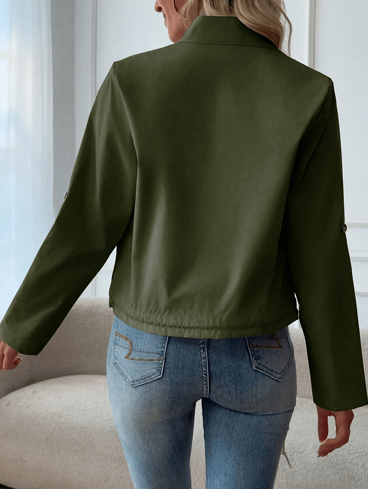 Women'S Lightweight Stand-Collar Jacket – Fashionable Zippered Bomber with Decorative Front Pockets And Adjustable Drawstring Hem, Ideal Casual Street Style Outerwear for Spring And Autumn - Olive Green