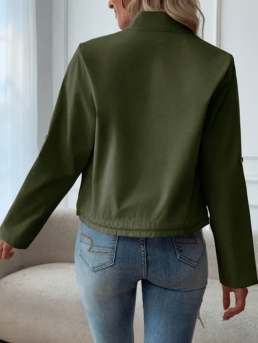 Women'S Lightweight Stand-Collar Jacket – Fashionable Zippered Bomber with Decorative Front Pockets And Adjustable Drawstring Hem, Ideal Casual Street Style Outerwear for Spring And Autumn - Olive Green
