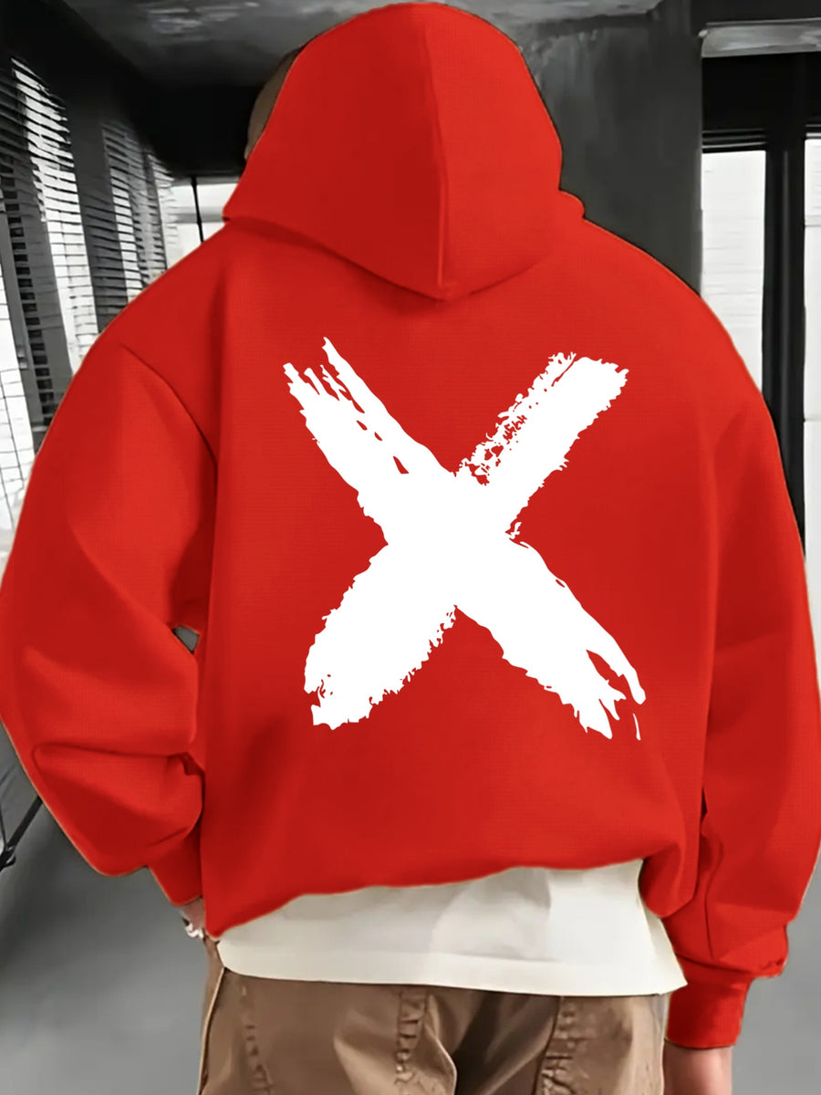 Men's Fashionable Hoodie, Loose-fit Casual Top with "X" Letter Print, Long-sleeve Sweatshirt Featuring a Kangaroo Pocket, Made of Casual Polyester Knit Fabric, Machine Washable, Suitable for Outdoor Casual Wear - Red