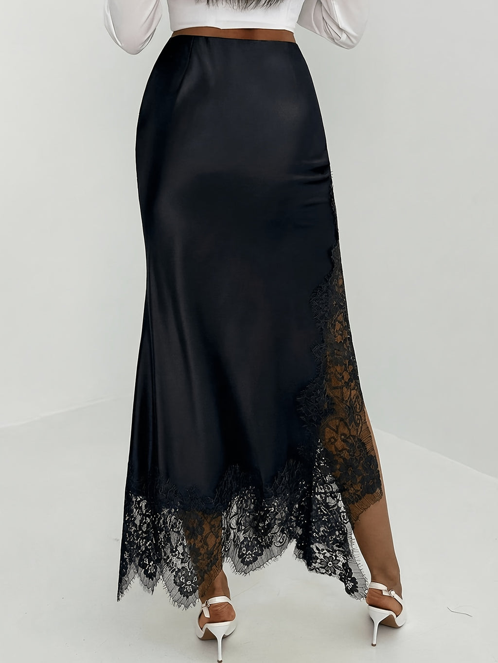 Yanyan&xie Women's Elegant Mermaid Skirt with Lace Patchwork & Eyelash Hem - Half-Length Suitable for Daily Wear, Commuting, Office, Semi-Formal - Machine Washable Solid Color Skirt for All Seasons, Non-Stretch Mid-Length Skirt - Black