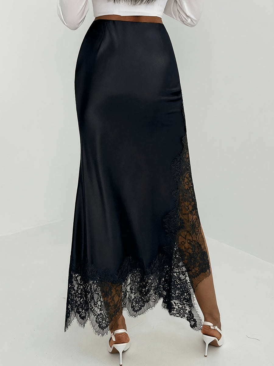 Yanyan&xie Women's Elegant Mermaid Skirt with Lace Patchwork & Eyelash Hem - Half-Length Suitable for Daily Wear, Commuting, Office, Semi-Formal - Machine Washable Solid Color Skirt for All Seasons, Non-Stretch Mid-Length Skirt - Black