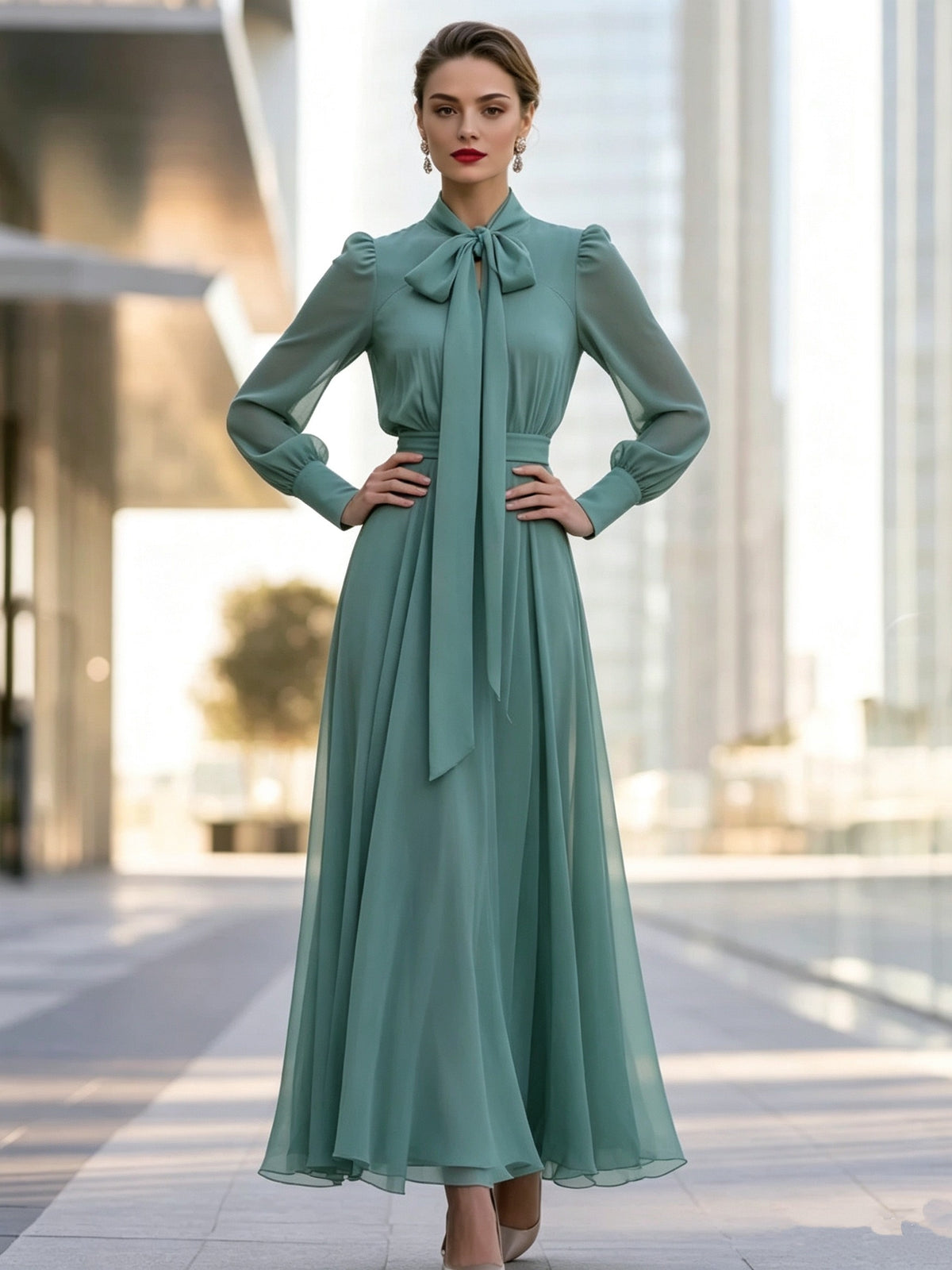 Women'S Elegant Retro Chiffon Bow Neck Long Sleeve A-Line Flowing Maxi Dress, Suitable for Weddings, Dates, Parties, Ceremonies, Evening Events, Office Wear, Casual Outfits - Green