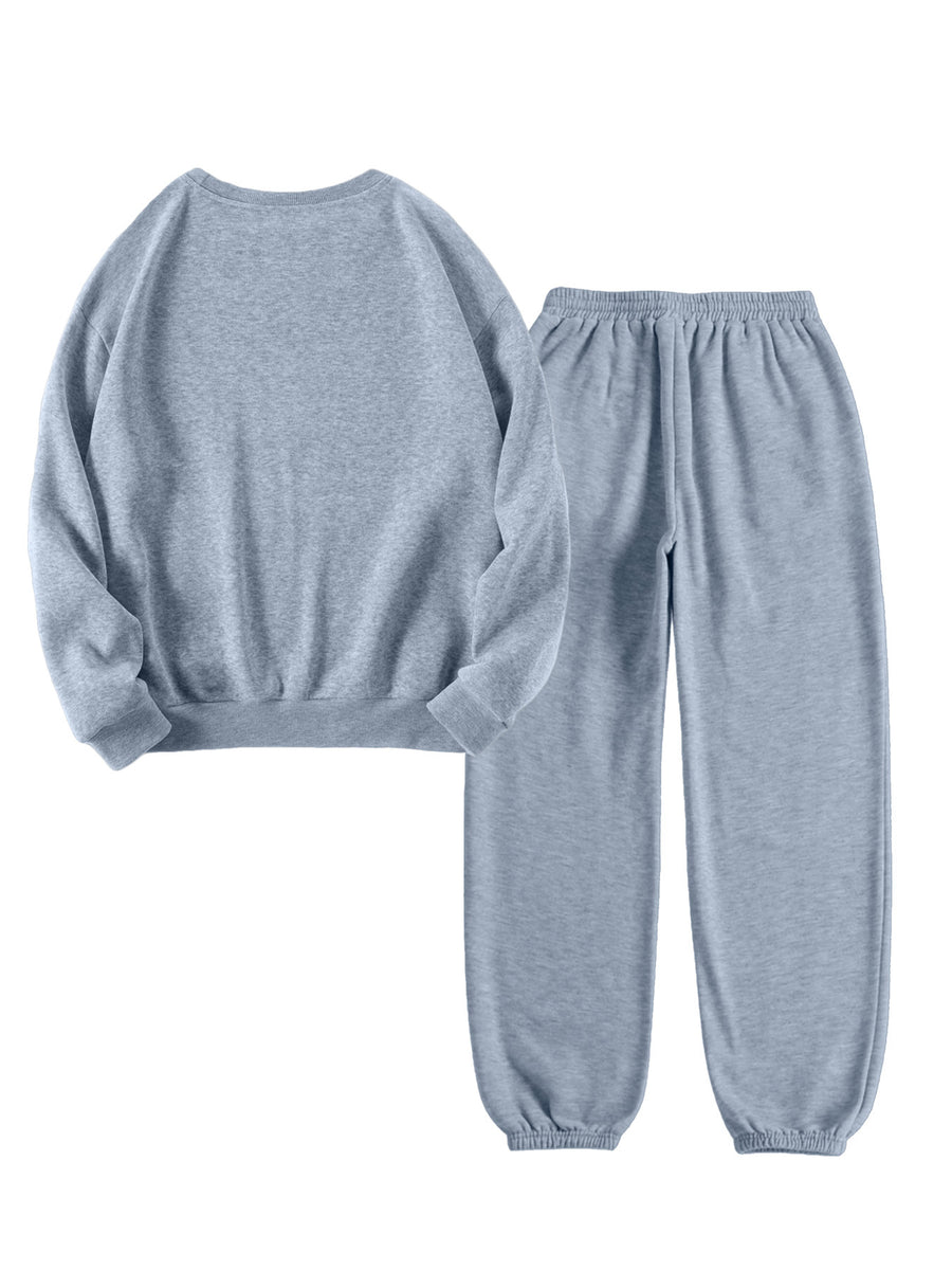 Women'S Casual Fleece-Lined Sweatshirt with a Round Neck And Matching Elastic Sports Pants Featuring a Leopard Print Design, Perfect for Autumn And Winter - Light Grey