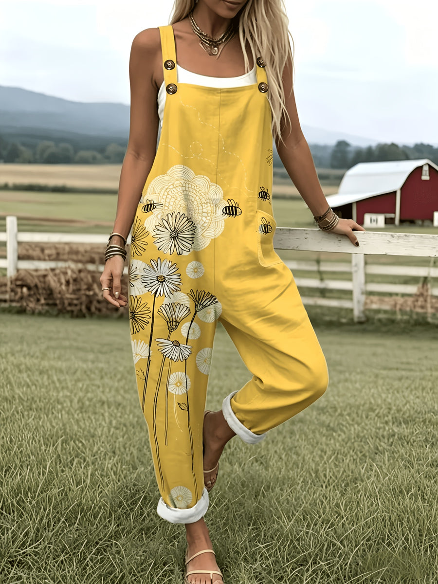 Women'S Fashion Design All-Match Home Jumpsuit Adjustable Length Overalls - Little Bee Floral A77 - orange yellow
