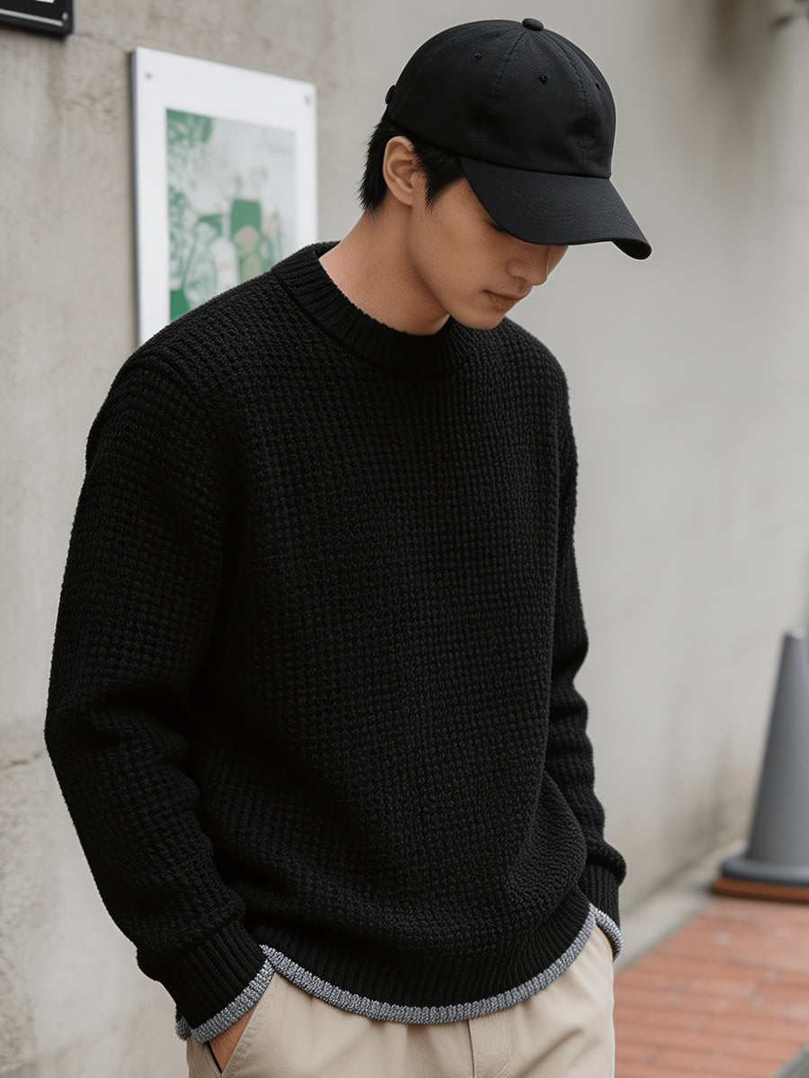 Autumn Winter Men'S Waffle Knit Round Neck Pullover Sweater, Faux Two-Piece Color Blocked Trim Long Sleeve Knit Top, Loose Drop Shoulder Warm Sweater, Suitable for Daily Commute Casual Wear - Black