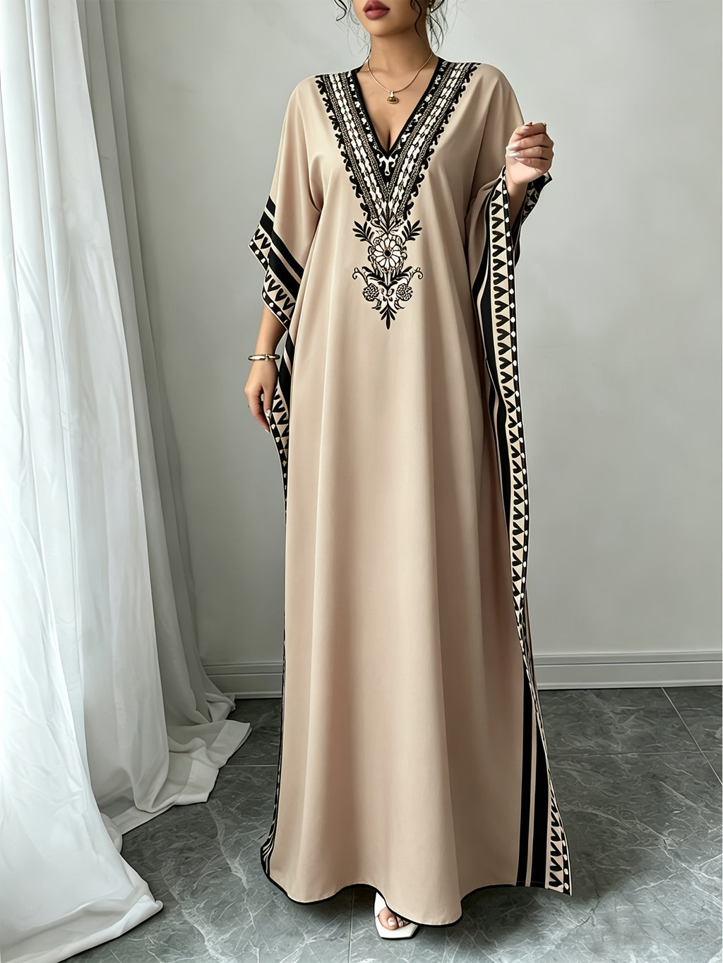 Elegant Middle Eastern Style V-Neck Batwing Sleeve Turkish Robe Dress - Long Loose Side Slit Design, Machine Washable for Spring Summer Fall Casual And Formal Wear, Tassel Fabric Soft And Breathable, Bohemian Vacation Style - Camel