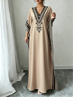 Elegant Middle Eastern Style V-Neck Batwing Sleeve Turkish Robe Dress - Long Loose Side Slit Design, Machine Washable for Spring Summer Fall Casual And Formal Wear, Tassel Fabric Soft And Breathable, Bohemian Vacation Style - Camel
