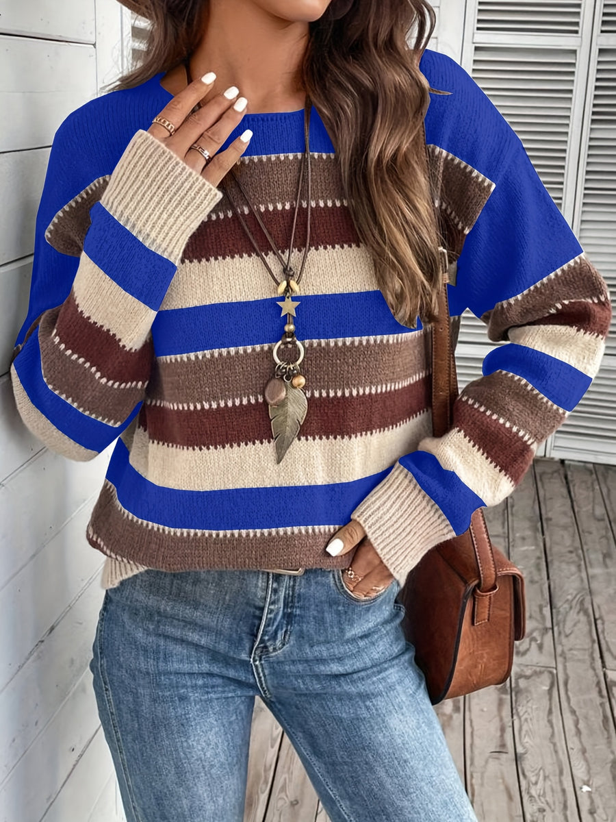 Women's Vintage Casual Sweater - Soft Medium-Stretch Round Neck Long Sleeve, Horizontal Striped Loose Fit Pullover for All-Season Comfort & Everyday Elegance, Cute Sweaters, Elegant Layering Piece, Durable Knitwear - artificial jade orchid
