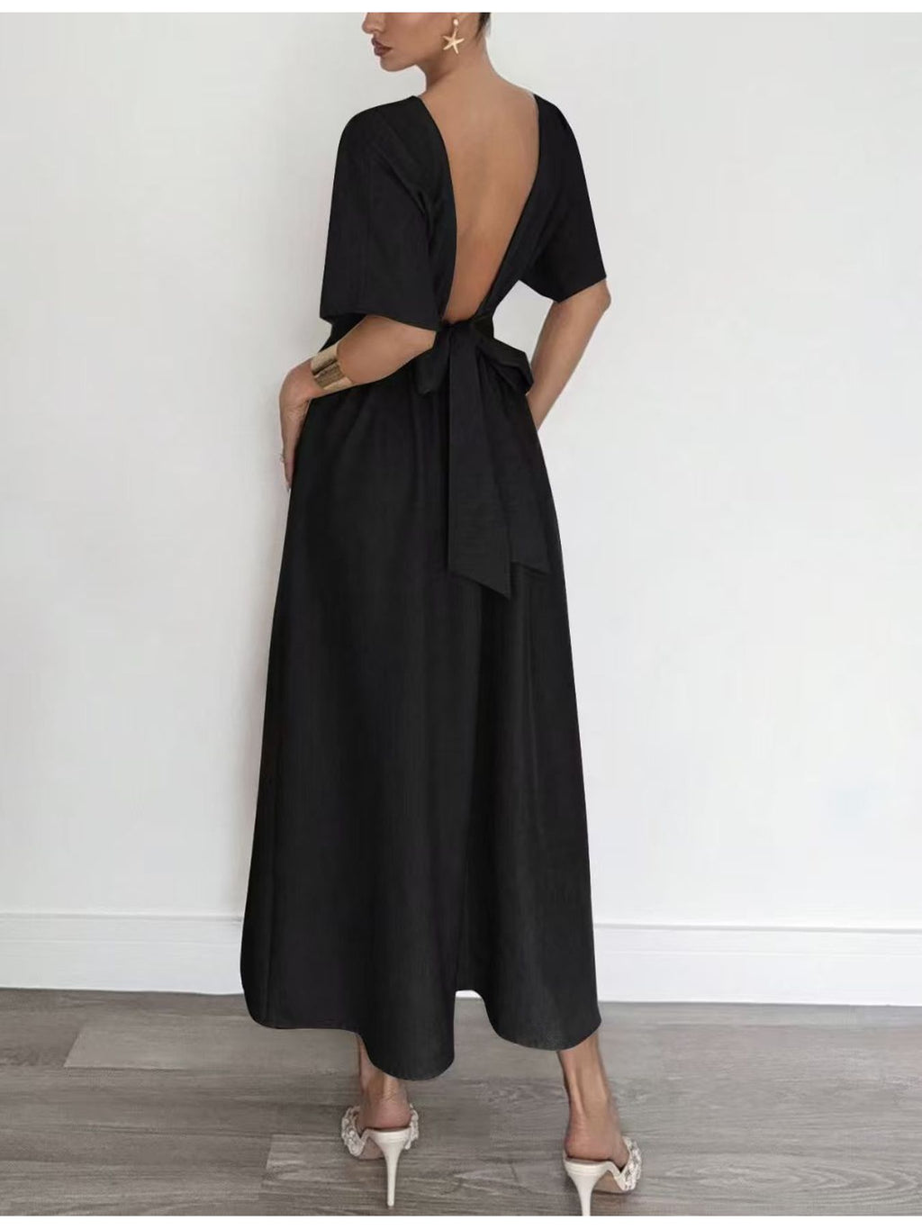 High-End Round Neck Short Sleeve Waist-Cinching Black Irregular Slit Long Dress, Date Evening Commute Urban Women'S Outfit Dress [YTD Cherry] - Black