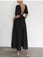 High-End Round Neck Short Sleeve Waist-Cinching Black Irregular Slit Long Dress, Date Evening Commute Urban Women'S Outfit Dress [YTD Cherry] - Black