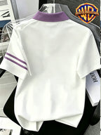 1pc, American Retro Easy Style Versatile Polo Shirt, Preppy Casual Couple Short Sleeve Top, Summer Daily Outing, Campus Wear, Student Couple Choice - Unisex - Violet