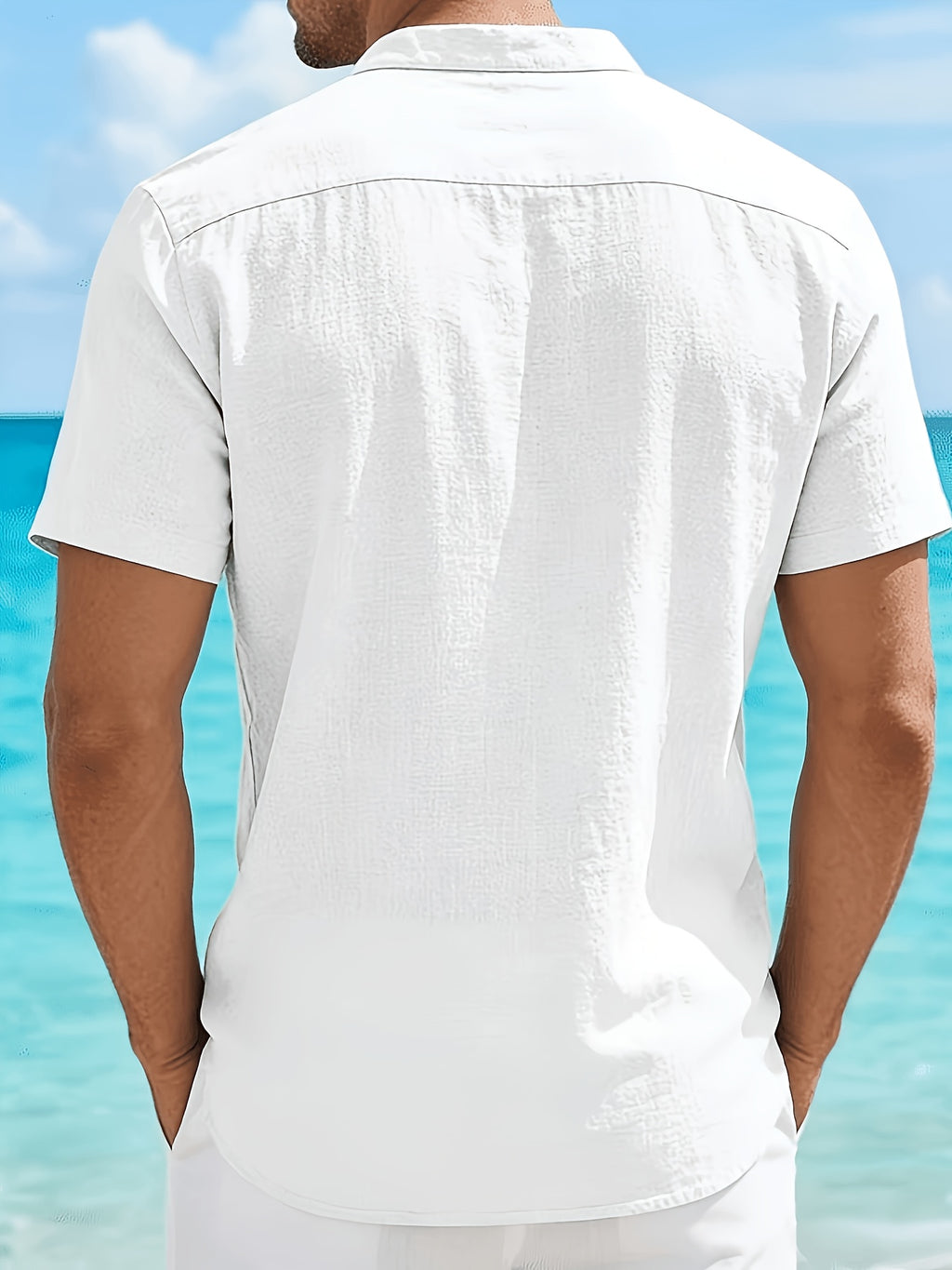 Men'S Fashion Casual Beach V-Neck Short Sleeve Shirt - White