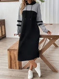 Elegant Color-Blocked Hooded Long-Sleeve Dress for Women - Multicolor A