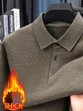 Men's -lined Lapel Polo Knit Sweater, with Plush Inner Lining, for Autumn and Winter Cold Protection. Suitable for Wearing Alone in Late Autumn and Early Winter, or as a Base Layer in Winter. Keeps You Warm Without Adding Bulk - Khaki