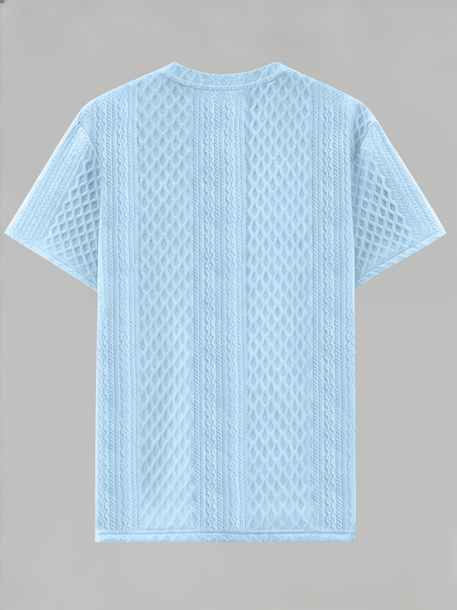 Men'S Round Neck Textured Fabric Short Sleeve T-Shirt, Suitable for Summer Casual Sports - Sky Blue