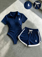 Casual and Elegant Women's Clothing, New Summer Outfit, Solid Color V-neck Short-sleeve Bodysuit & Drawstring Fitted Shorts with Embroidery and Contrasting Color Trim, 2pcs Women's Pants Set, Suitable for Home, Leisure, Outings, Afternoon Tea - Blue