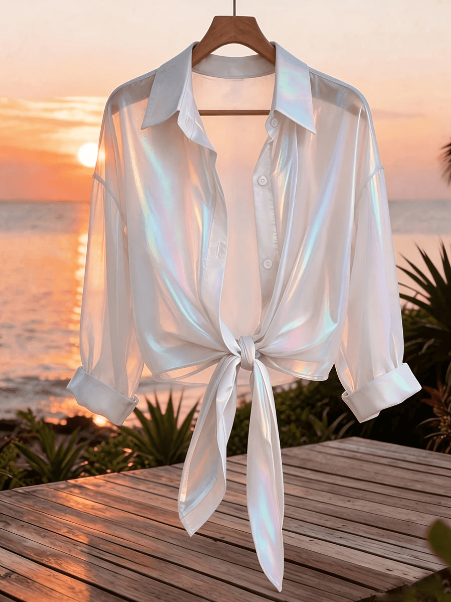 Premium Iridescent Elegant Sheer Chiffon Tie-String Casual Vacation Beautiful Blouse (Women'S Style) - White