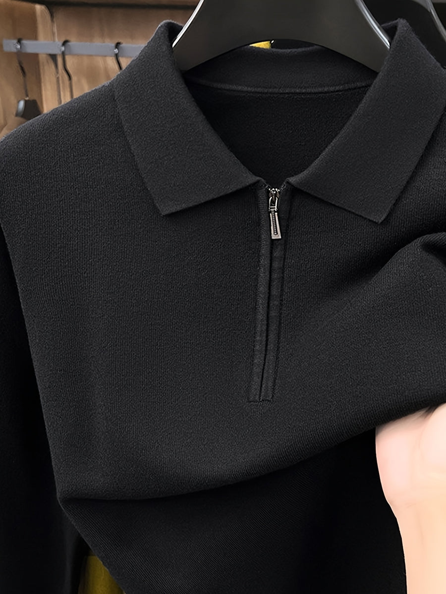 Men's Polo Collar Half-Zip Knit Sweater, Solid Color Minimalist Light Business Knit Pullover, Suitable for Spring, Autumn, and Early Winter, for Commuting and Casual Wear - SINBOS - Black