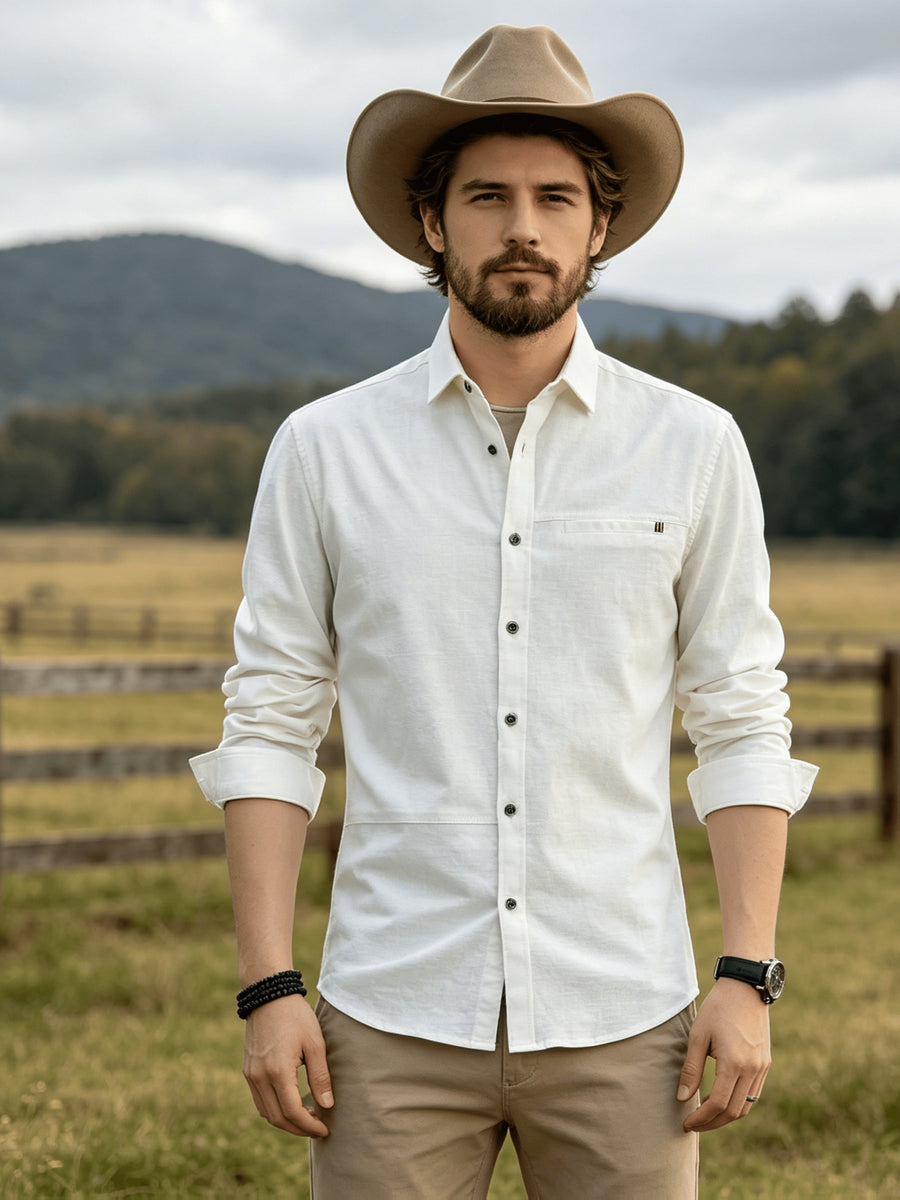 Men's Casual Long-Sleeve Shirt with Lapel and Faux Pocket Design, Slim Fit for a Slimming Look, Durable and Wrinkle-Resistant for Daily Outdoor Casual Wear, Business-Casual Solid Color Shirt - White