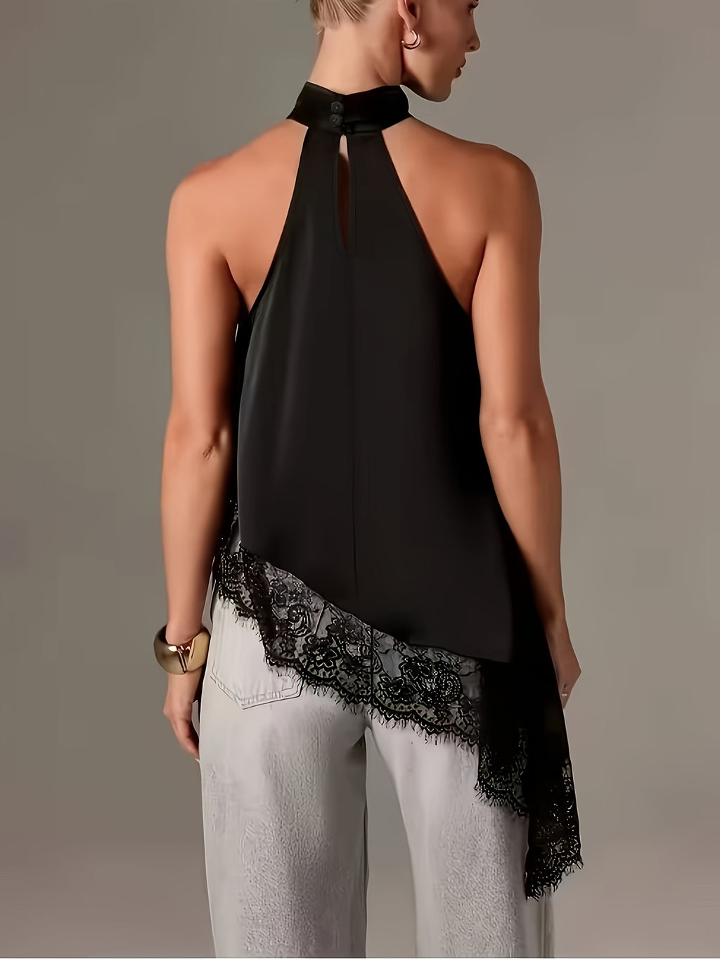 Directional Style Irregular Patchwork Lace Neckline Halter Elegant Temperament Top Halter Vest - Black
