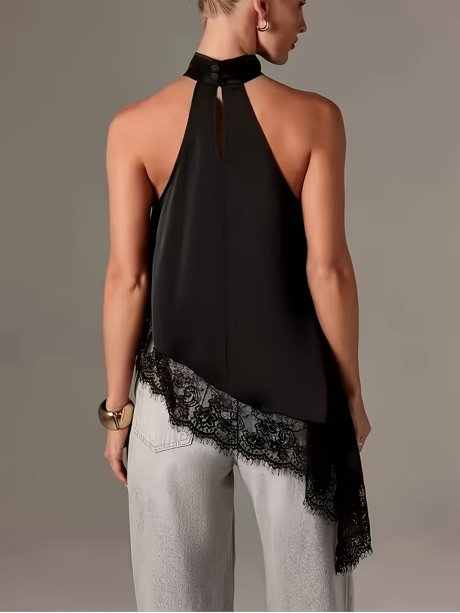 Directional Style Irregular Patchwork Lace Neckline Halter Elegant Temperament Top Halter Vest - Black