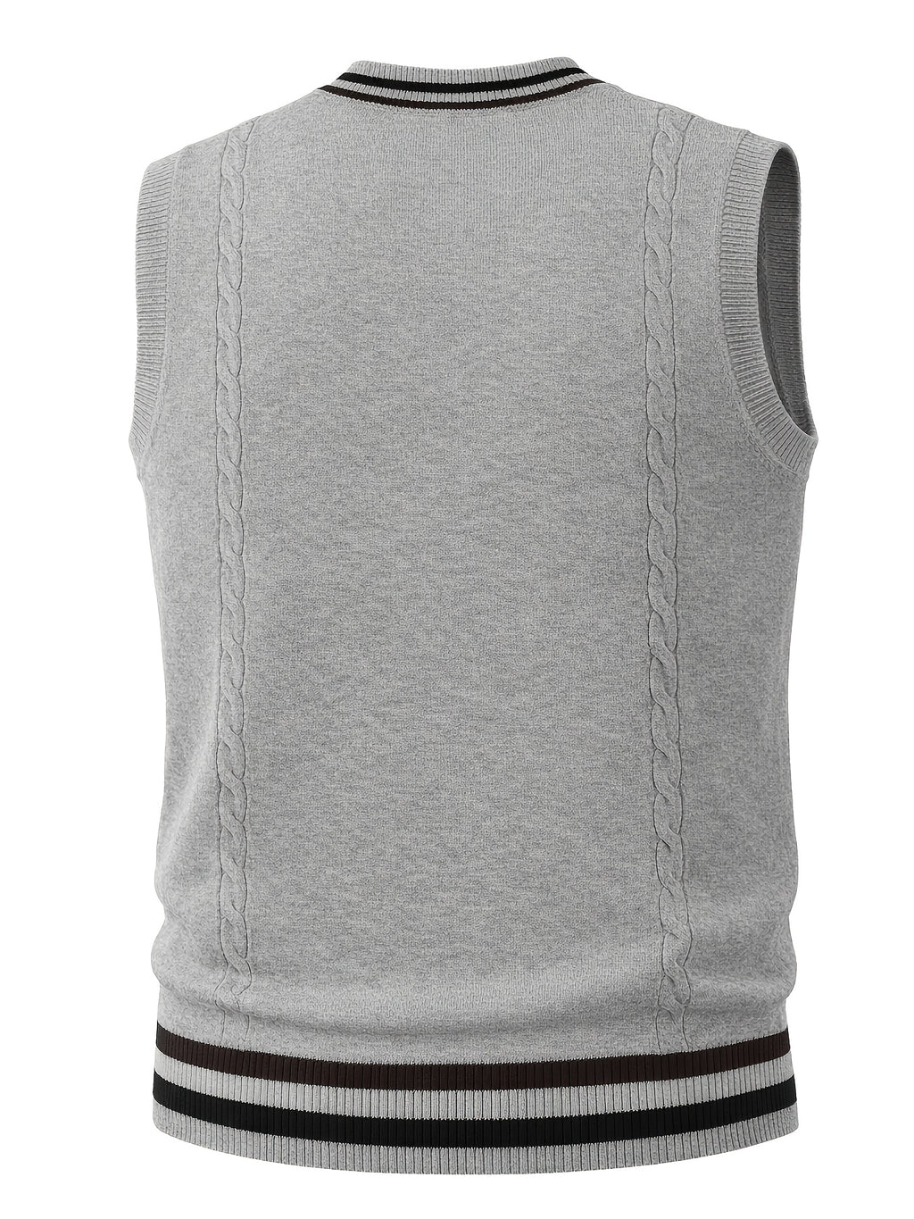 Men's Cable Knit Sweater Vest Sleeveless Striped Trim & Embroidered Logo Waistcoat - Preppy Business Casual Fall Winter Knit Vest Suitable for Office, Semi-Formal Wear, Layering Piece - Grey