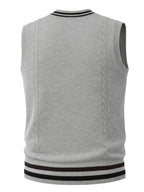 Men's Cable Knit Sweater Vest Sleeveless Striped Trim & Embroidered Logo Waistcoat - Preppy Business Casual Fall Winter Knit Vest Suitable for Office, Semi-Formal Wear, Layering Piece - Grey