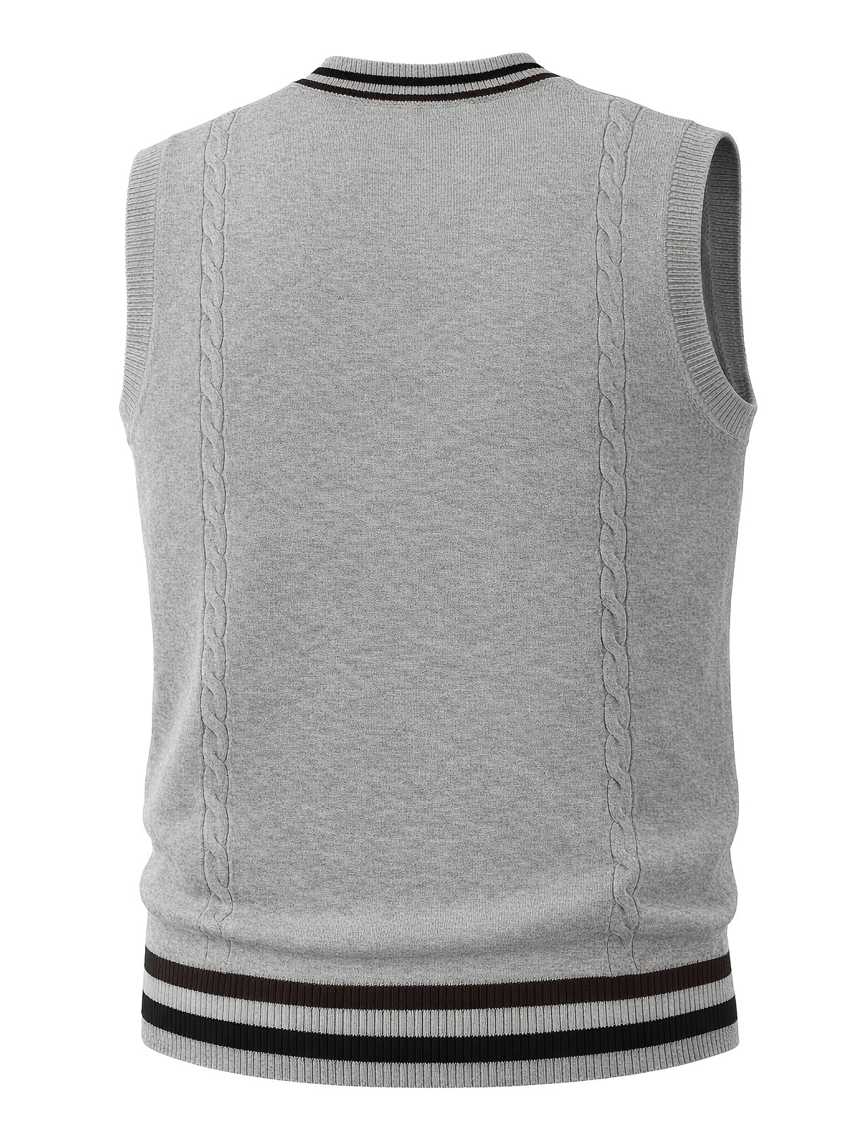 Men's Cable Knit Sweater Vest Sleeveless Striped Trim & Embroidered Logo Waistcoat - Preppy Business Casual Fall Winter Knit Vest Suitable for Office, Semi-Formal Wear, Layering Piece - Grey
