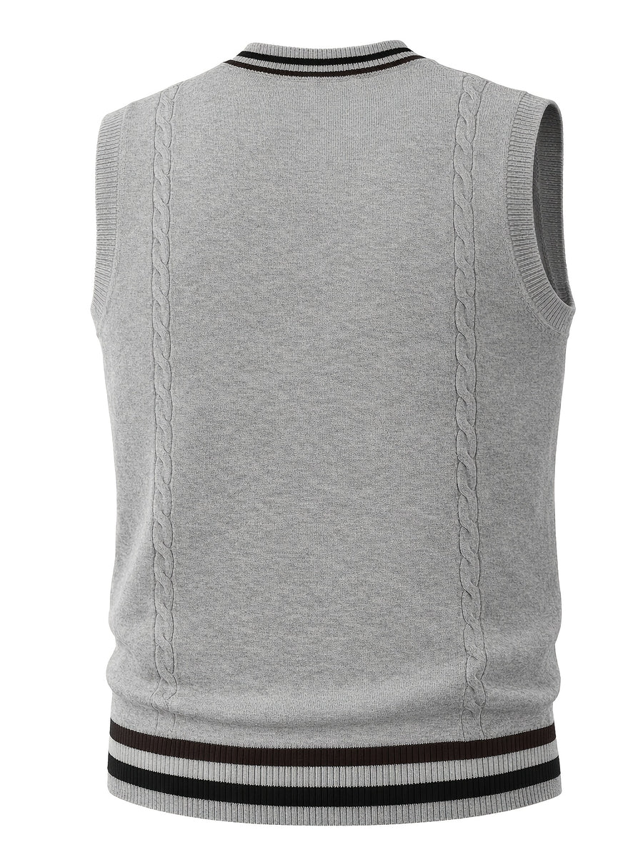 Men's Cable Knit Sweater Vest Sleeveless Striped Trim & Embroidered Logo Waistcoat - Preppy Business Casual Fall Winter Knit Vest Suitable for Office, Semi-Formal Wear, Layering Piece - Grey