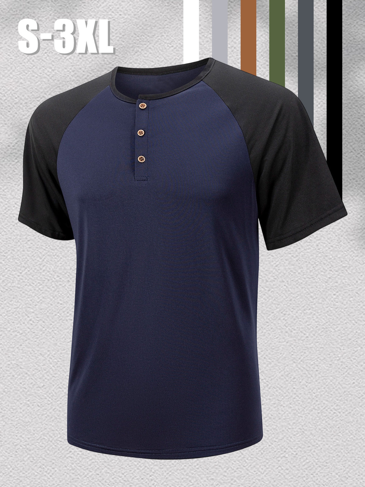 1 Men's Summer V-Neck Casual T-Shirt, Breathable and Lightweight Street Fashion Short-Sleeve Top, Daily Office Business Contrast Color Design Henley Shirt with Button- Collar, Suitable for Outings, Home, Work, Travel, Cycling, and Streetwear - Navy Color
