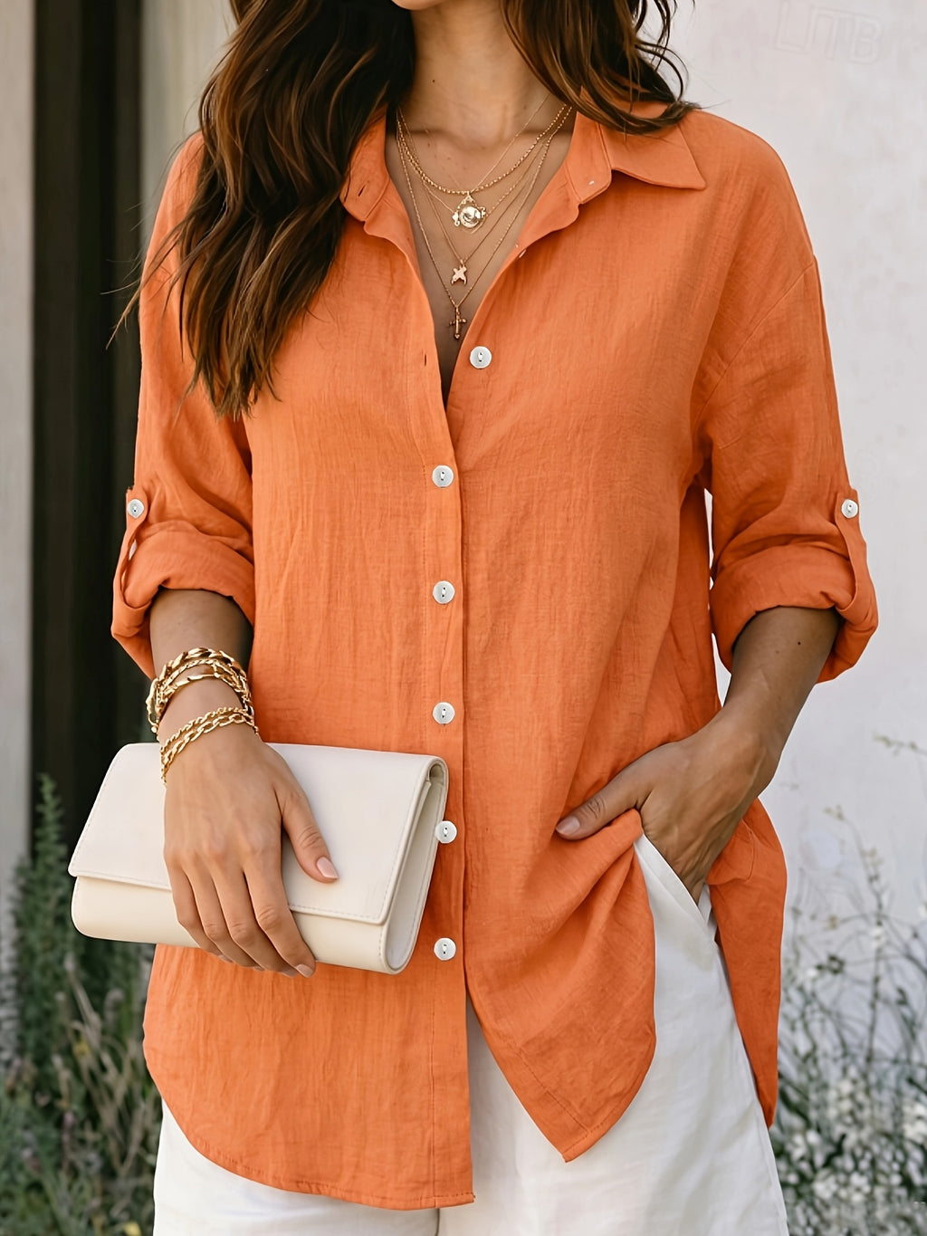 YYTT Women's Elegant Lapel Long-Sleeve Shirt, Loose Drop-Shoulder Relaxed Straight Cut, Lightweight Breathable Skin-Friendly Fabric, Versatile Shirt for Vacation and Commuting, Roll-Up Sleeves to Slim and Conceal Arms, Relaxed Lazy Artistic Vacation - Orange-Red