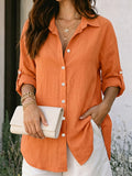 YYTT Women's Elegant Lapel Long-Sleeve Shirt, Loose Drop-Shoulder Relaxed Straight Cut, Lightweight Breathable Skin-Friendly Fabric, Versatile Shirt for Vacation and Commuting, Roll-Up Sleeves to Slim and Conceal Arms, Relaxed Lazy Artistic Vacation - Orange-Red
