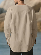 Men's Casual Shirts, Long-sleeve Casual Shirts, T-shirts, Men's Fashion Casual Wear, Solid Color Linen Long-sleeve Shirts, Breathable and Comfortable Short-sleeve Design, Quick-drying Fabric, Suitable for Wearing in Late Spring, Summer, and Early - Khaki