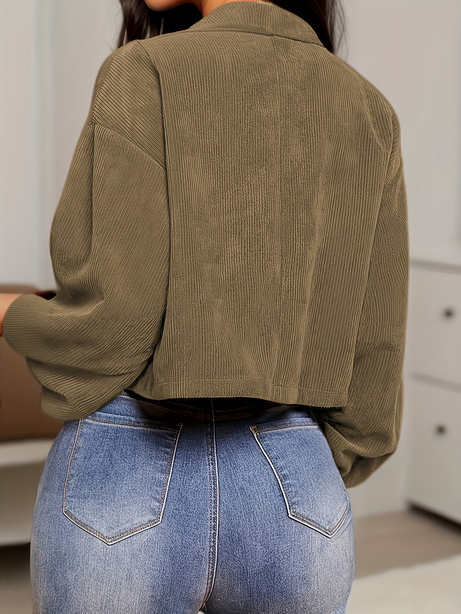 Autumn Winter New Jacquard Lapel Solid Color Coat Women'S Fashion Pinstripe Button Design Casual Jacket - Khaki