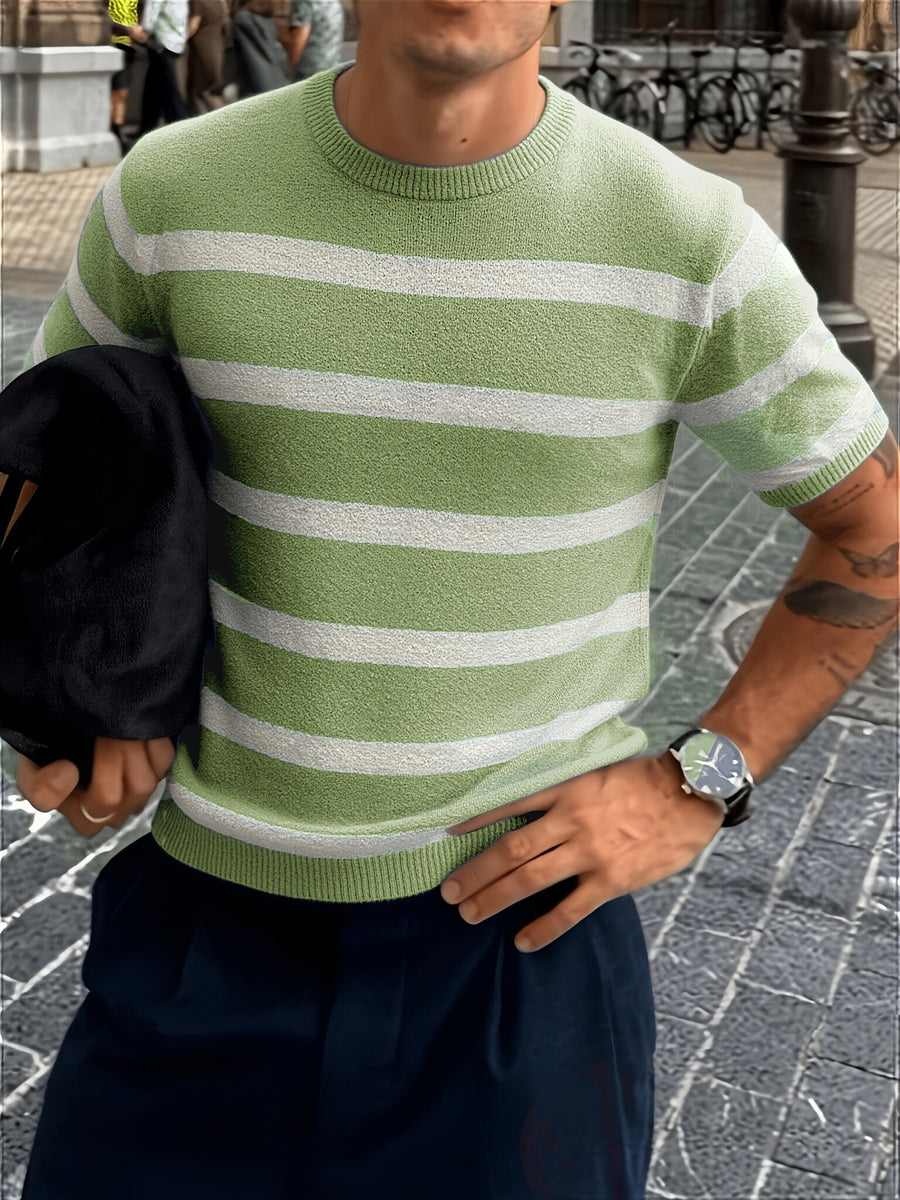 New Summer Fashion Trend: Stylish, Versatile, and Comfortable Men's Knitted Pullover. Casual Business Style Striped Contrast Color Crew Neck Men's Knitted Short Sleeve. Suitable for Work, School, Vacation, and Commuting Outfits - Matcha Color