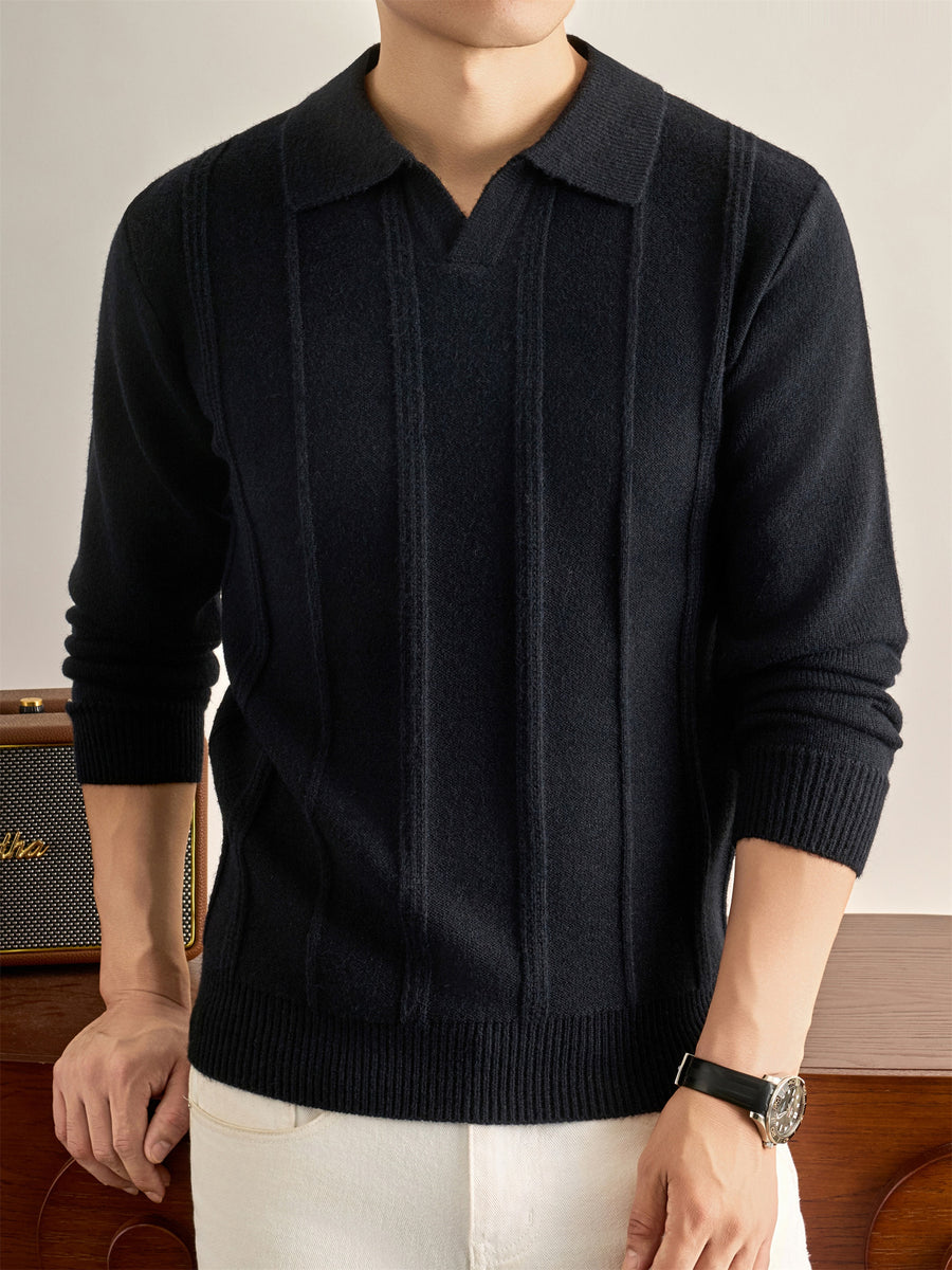 Men's Solid Color Lapel Polo Sweater - Thick Warm Knit Pullover with Lapel Collar, Long Sleeve Winter Sweater Suitable for Fall/Winter, Casual Office Wear, Basic Knitwear for Layering (Hand Washable) - Black