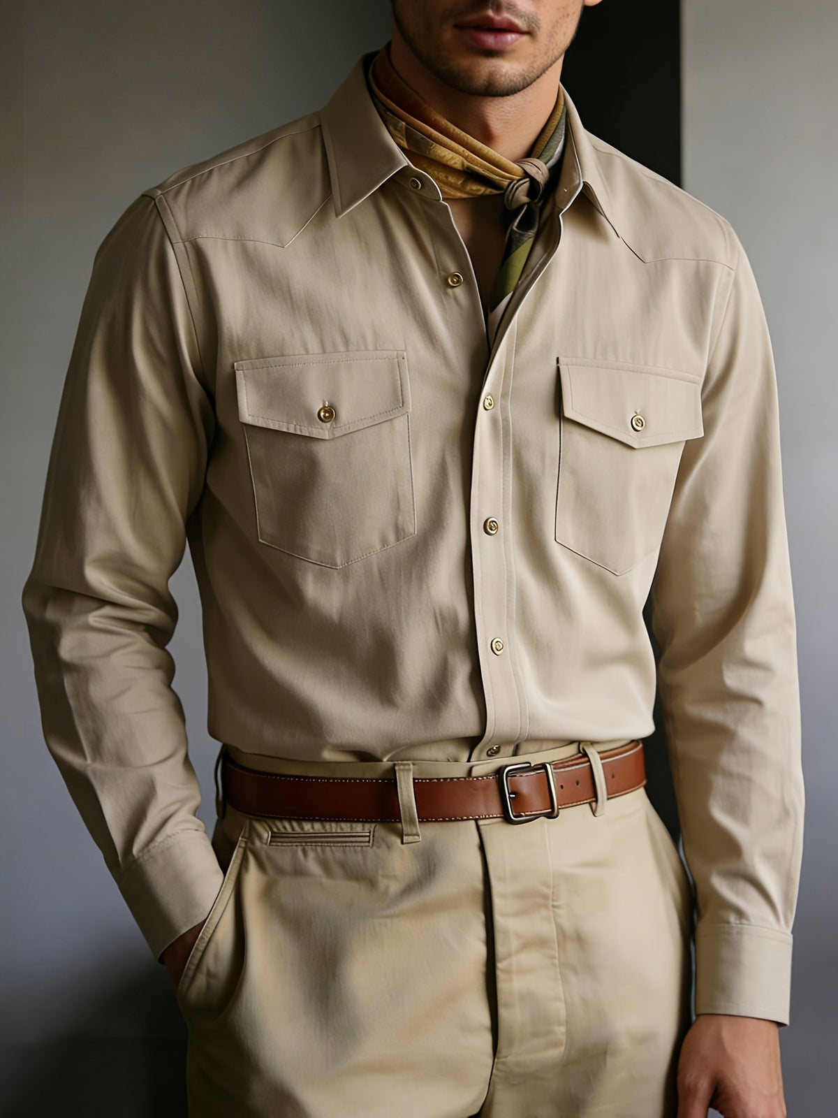 Men's Solid Color Button- Shirt with Double Pocket Collar - Machine Washable Long Sleeve Work Shirt Suitable for Business Casual, Commuting & Office Wear, Button-Front Collar Top for Spring/Autumn Layering (Adult Gift), father's day - Khaki