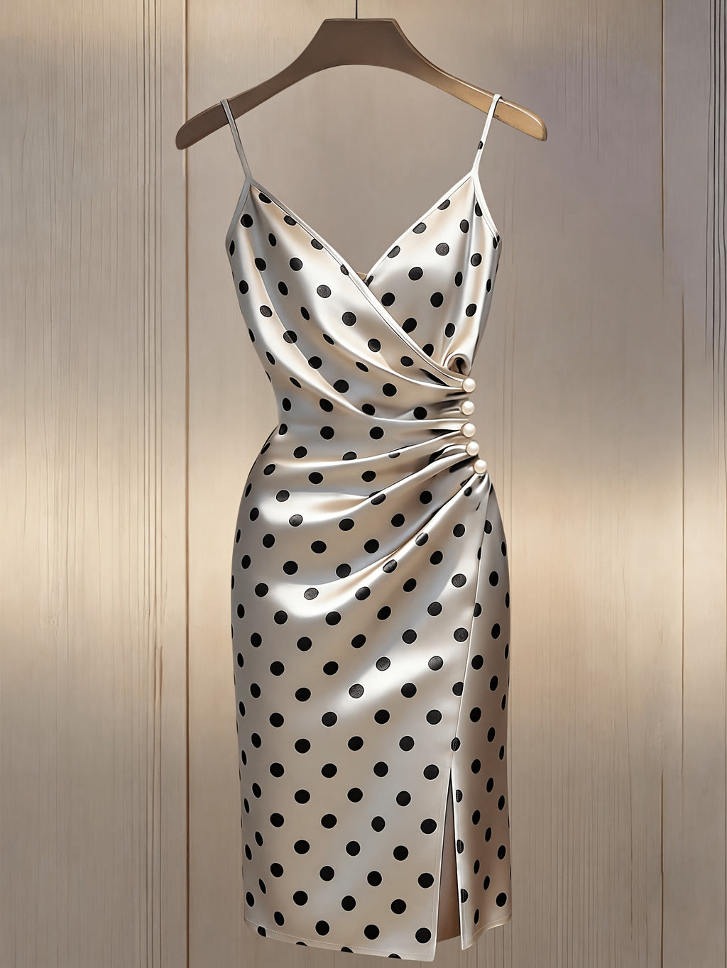 Women'S Classic Polka Dot Satin V-Neck Cami Dress with Side Seam Ruffles And Pearl Embellishment, Elegant Light Luxury Satin Slit Short Dress, Women'S Spring Summer Dress - Beige