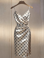 Women'S Classic Polka Dot Satin V-Neck Cami Dress with Side Seam Ruffles And Pearl Embellishment, Elegant Light Luxury Satin Slit Short Dress, Women'S Spring Summer Dress - Beige