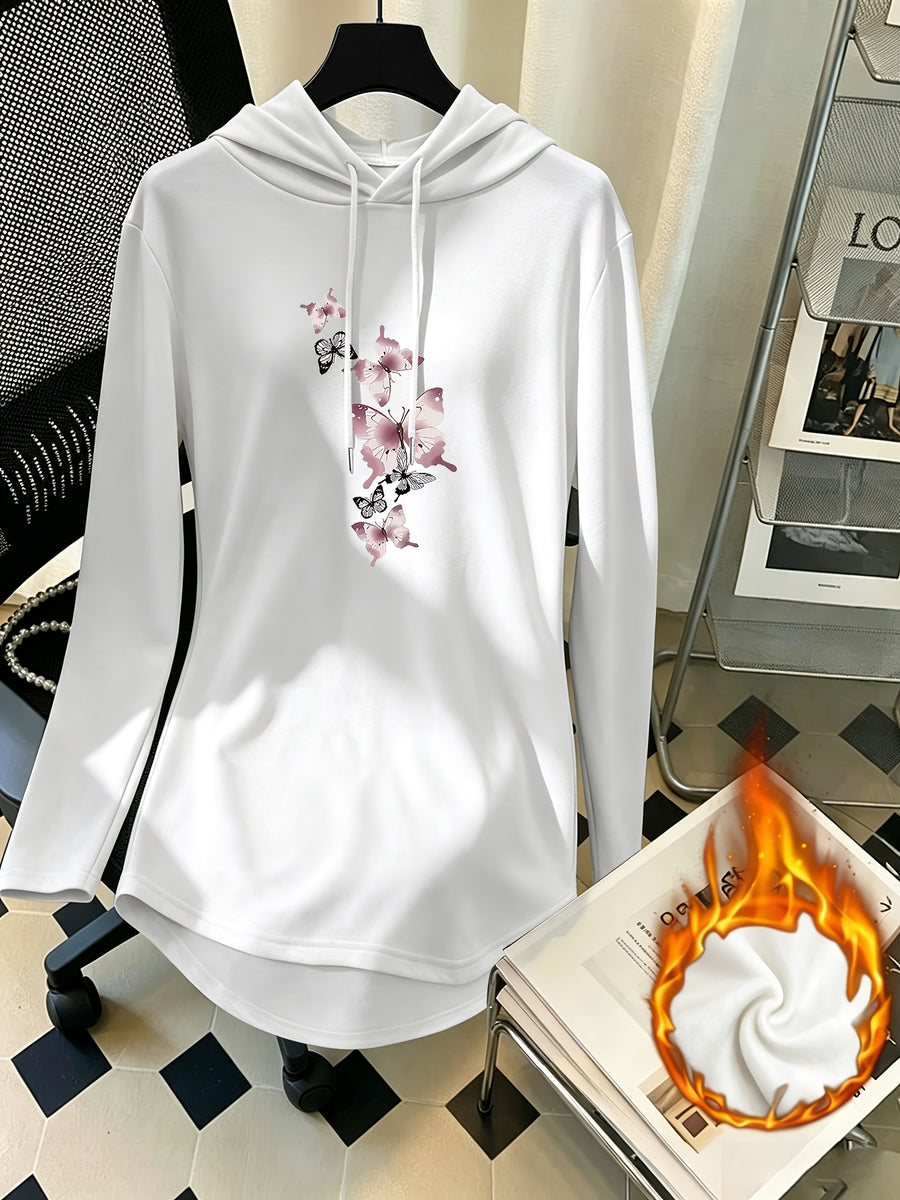 Mid-Length Hooded Sweatshirt for Women, Loose Hip-Covering Butterfly Print Drawstring Pullover Top - White