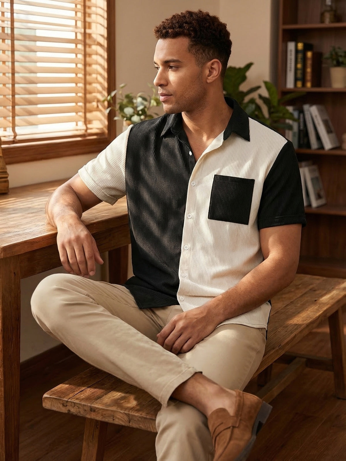 Men's Corduroy Patchwork Short-Sleeve Shirt - Black
