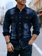 Men'S Vintage-Style Long-Sleeve Denim Shirt for Autumn, Featuring a Classic Single-Button Design And a Washed Look, Perfect for Layering with a Unique Retro Handcrafted End - Navy Color