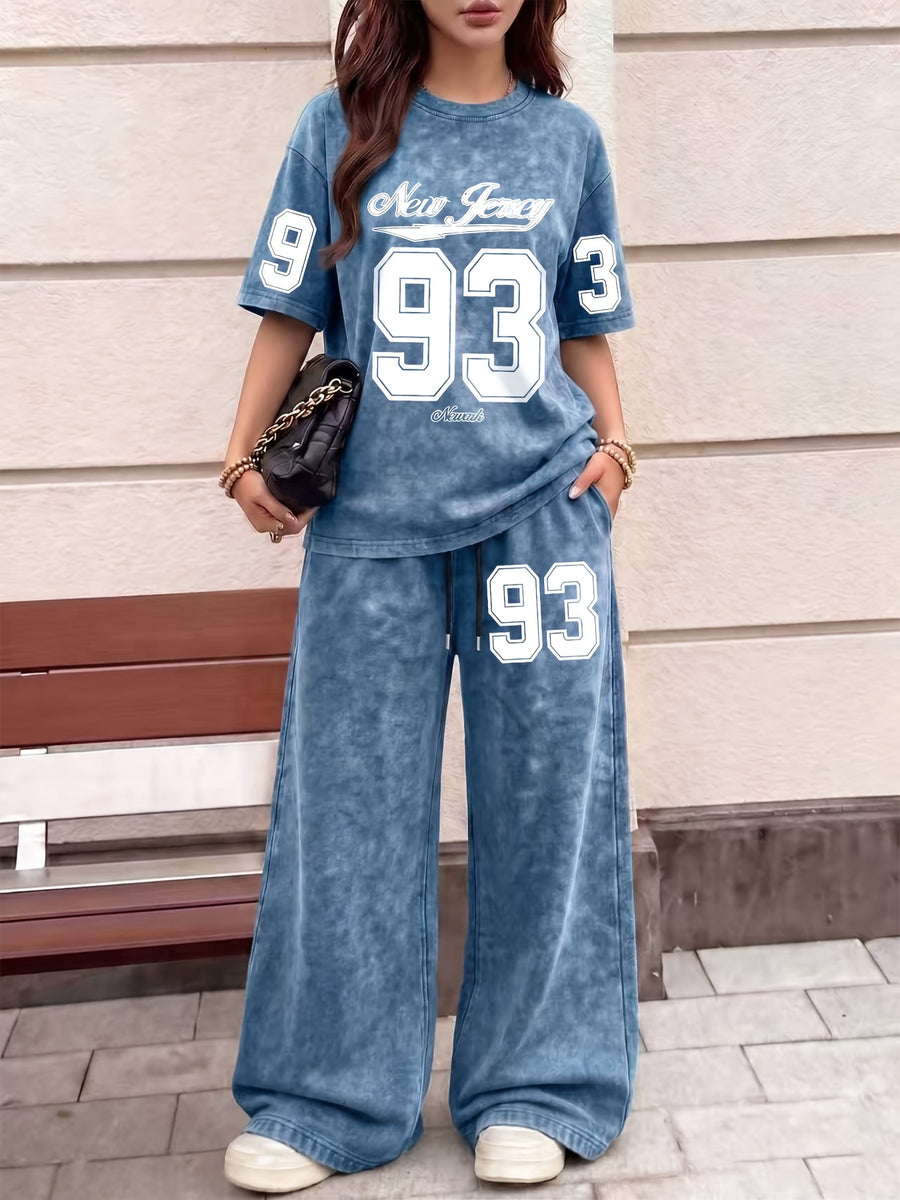 American College New Jersey 93 Number Pattern Print, Women'S 2Pcss Set, Women'S Retro Washed Fabric Loose Casual Round Neck Short Sleeve T-Shirt And Elastic Waist Drawstring Retro Washed Casual Athletic Long Pants Women'S 2Pcss Set - Navy Blue+Navy Blue