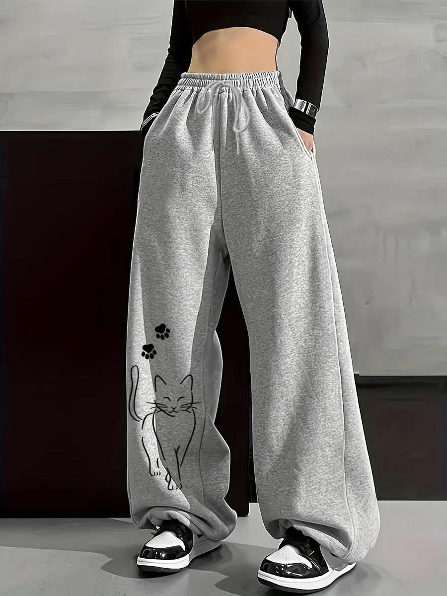 Autumn And Winter Fashion Casual Women'S Fleece-Lined Trousers, Solid Color Drawstring Waist Trousers, Casual Loose-Fitting Sweatpants, Women'S Fashion - Grey